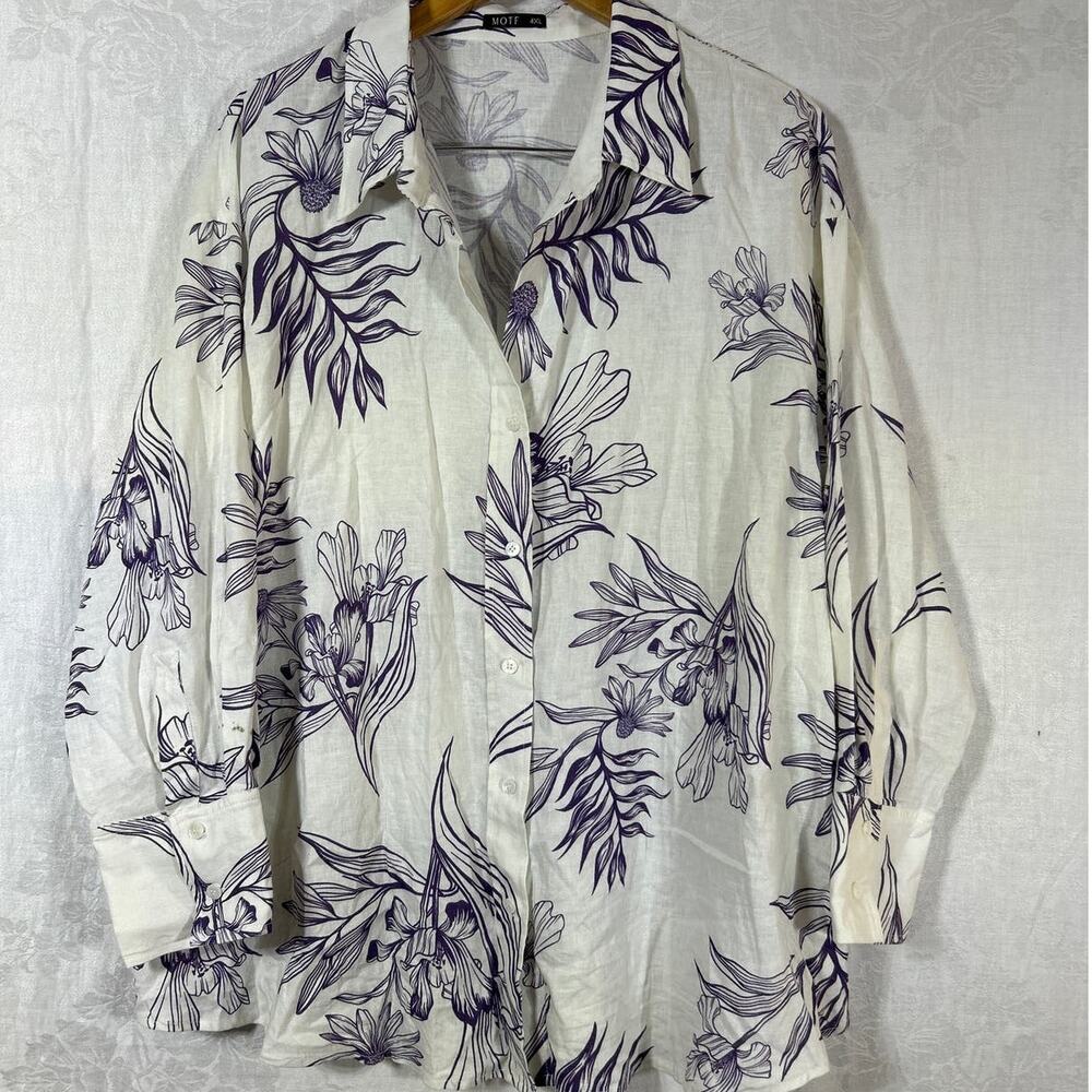 MOTF Button Up 4XL White Purple Floral Linen Blend Long Sleeve